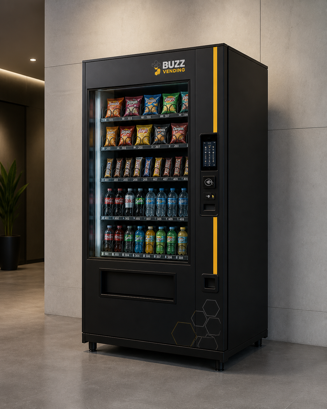 Concept design for a black BUZZ Vending snack and drink machine with a yellow accent stripe, contactless payment panel and subtle honeycomb graphics